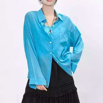 Dimanaf 2025 Новая летняя рубашка на пуговицах женская однотонная блузка с длинным рукавом модные топы футболки повседневные свободные зеленые футболки One Size
