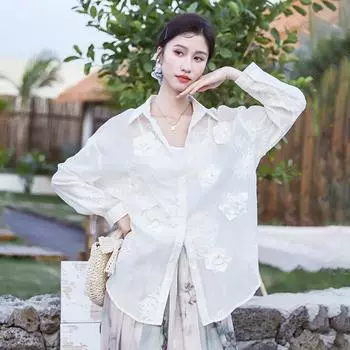 Dimanaf 2025 Новая Летняя Рубашка на Пуговицах Женская Кружевная Белая Блузка Длинный Рукав Модные Топы Футболки Повседневные Свободные Футболки one size белый