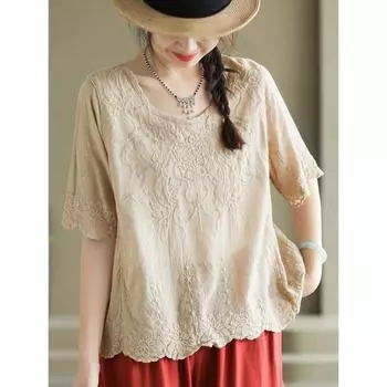DIMANAF 2025 Новая летняя рубашка с круглым вырезом Женская кружевная блузка с коротким рукавом Топы Футболки Повседневные свободные зеленые футболки One Size