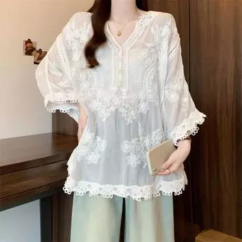 DIMANAF 2025 Новая Летняя Рубашка с V-образным вырезом на пуговицах Женская Кружевная Блузка с Коротким Рукавом Модные Топы Футболки Повседневные Свободные Зеленые Футболки One Size белый