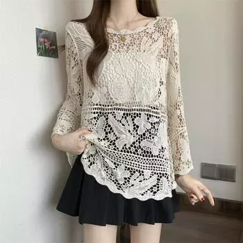 Dimanaf 2025 Новая летняя рубашка женская кружевная блузка короткие базовые топы футболки повседневные свободные белые короткие футболки One Size