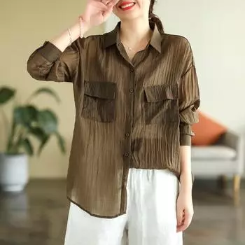 DIMANAF 2025 Новая летняя весенняя рубашка женская однотонная прозрачная блузка с длинным рукавом базовые модные топы футболки повседневные свободные футболки One Size