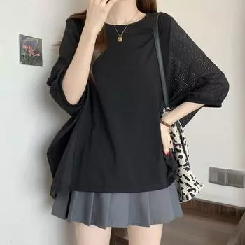 Dimanaf 2025 Новая Летняя Женская Футболка с Коротким Рукавом Кружевная Базовая Модная с О-образным Вырезом Топы Футболки Повседневные Футболки One Size чёрный