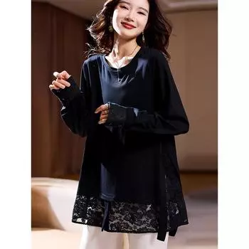 DIMANAF 2025 Новая осенняя футболка рубашка женская кружевная с длинным рукавом базовые модные топы футболки повседневные свободные белые черные футболки One Size чёрный