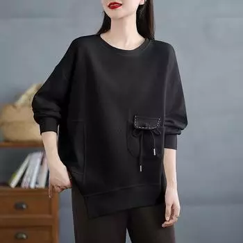 DIMANAF 2025 Новая осенняя женская свободная повседневная однотонная футболка с круглым вырезом и карманами на пуговицах с длинным рукавом, новый пуловер L белый