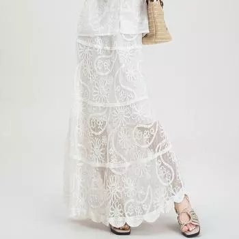 DIMANAF 2025 Новая Праздничная Юбка Женская Вязаная Кружевная Длинная Однотонная Ажурная Сексуальная Ажурная Летний Стиль Базовое Платье One Size белый