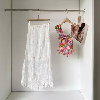 Dimanaf 2025 Новая праздничная юбка Женская Вязание Кружево Длинная Однотонная Сексуальная Ажурная Летний Стиль Базовое Платье one size белый