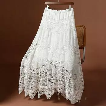 DIMANAF 2025 Новая праздничная юбка женская вязаная кружевная однотонная ажурная сексуальная ажурная летняя стильная свободная базовая юбка One Size белый