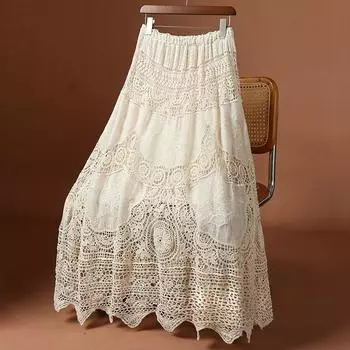 DIMANAF 2025 Новая праздничная юбка женская вязаная кружевная однотонная ажурная сексуальная ажурная летняя стильная свободная базовая юбка One Size бежевый