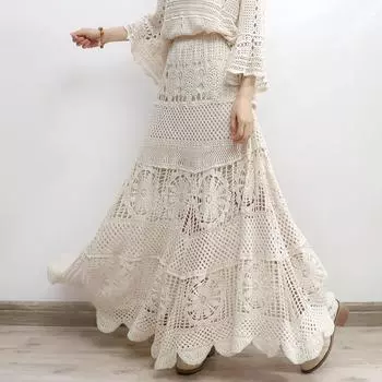 DIMANAF 2025 Новая юбка женская вязаная кружевная длинная праздничная однотонная ажурная сексуальная ажурная летняя стильная свободная базовая юбка One Size бежевый