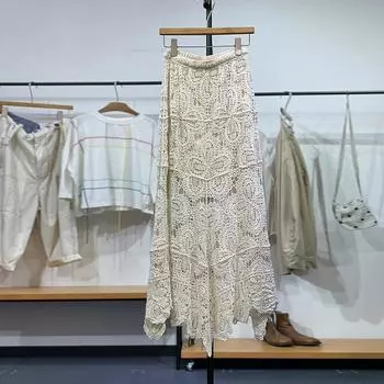 DIMANAF 2025 Новая юбка женская вязаная кружевная длинная праздничная однотонная ажурная сексуальная ажурная летняя стильная свободная базовая юбка one size бежевый