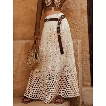 DIMANAF 2025 Новая юбка женская вязаная кружевная длинная однотонная ажурная сексуальная ажурная летняя стильная свободная базовая One Size бежевый