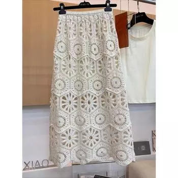 DIMANAF 2025 Новая юбка женская вязаная кружевная однотонная ажурная сексуальная ажурная летняя стильная свободная базовая One Size бежевый