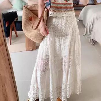 DIMANAF 2025 Новая юбка женская вязаная кружевная длинная праздничная однотонная ажурная сексуальная ажурная летняя стильная свободная базовая юбка one size бежевый