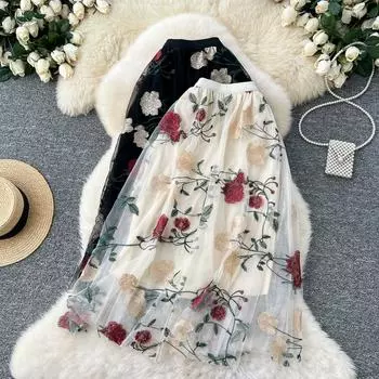 DIMANAF 2025 Новая юбка женская вязаная кружевная длинная цветочная праздничная летняя стильная свободная базовая юбка One Size бежевый