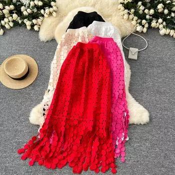 DIMANAF 2025 Новая юбка женская вязаная кружевная длинная праздничная однотонная ажурная сексуальная в горошек летняя стильная свободная базовая модель платья One size