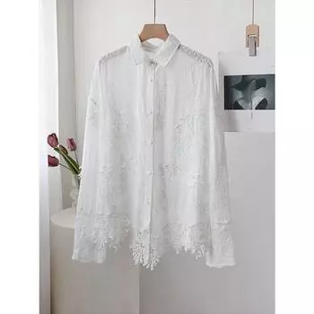 DIMANAF 2025 Новая весенняя блузка рубашка женская кружевная с длинным рукавом базовые модные топы футболки свободные белые футболки One Size белый