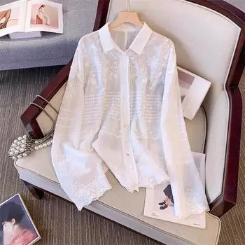 DIMANAF 2025 Новая весенняя рубашка женская кружевная блузка с длинным рукавом базовые модные топы футболки повседневные свободные белые футболки One Size белый