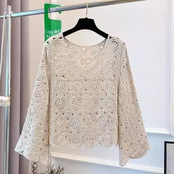 DIMANAF 2025 Новая весенняя женская футболка Базовые кружевные модные топы Футболки Повседневные свободные футболки One Size бежевый