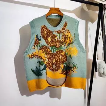 DIMANAF 2025 Новая весна плюс размер жилет большой размер женский узор принт свитера вязание мода оверсайз синий базовый повседневный стиль свободный свитер One Size жёлтый