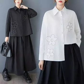 Dimanaf 2025 Новая женская винтажная блузка большого размера, пальто, куртки, осенняя верхняя одежда, однотонная базовая блузка с длинным рукавом, свободная блузка на пуговицах L чёрный