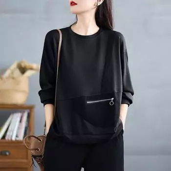 DIMANAF 2025 Новинка Плюс Размер Осень Женские Однотонные Длинные Рукава Свободные Повседневные Топы О-Образный Вырез Базовая Футболка Оверсайз Новый Пуловер L чёрный