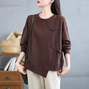 DIMANAF 2025 Новинка Плюс Размер Весна Женщины Полный Рукав Свободные Повседневные O-образный вырез Базовые Топы Оверсайз Однотонные Футболки Новый Пуловер L чёрный