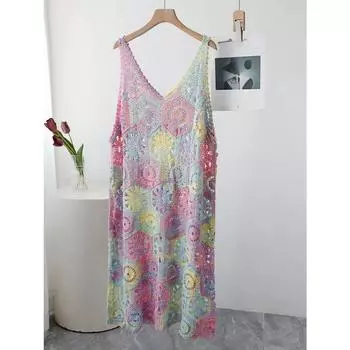 DIMANAF 2025 Новое длинное платье женское красочное вязаное кружевное длинное открытое сексуальное жилет с круглым вырезом открытое летнее стильное топы футболки свободные базовые One Size разноцветный