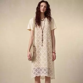 DIMANAF 2025 Новое кружевное платье Женское платье Вязаное кружевное ажурное сексуальное жилет с круглым вырезом Ажурное летнее платье Топы Футболки Свободные базовые One Size бежевый