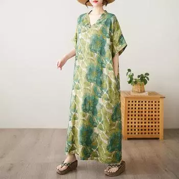 Dimanaf 2025 Новое летнее длинное платье больших размеров, базовое женское повседневное винтажное свободное платье с принтом и V-образным вырезом One Size зелёный