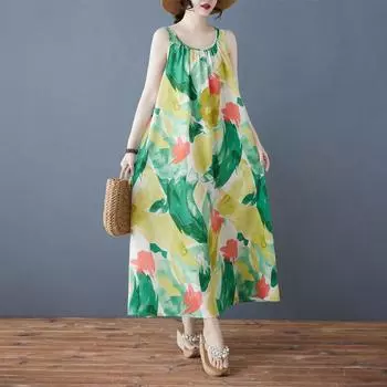 Dimanaf 2025 Новое летнее платье больших размеров, базовое женское повседневное платье без рукавов, винтажное, свободного покроя, с принтом, длинный сарафан M зелёный