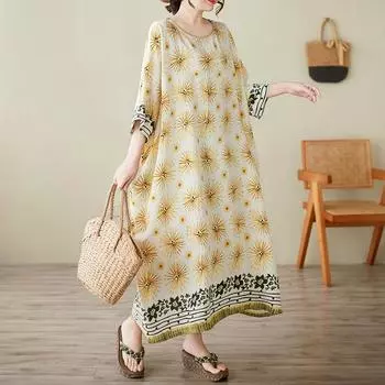 Dimanaf 2025 Новое летнее платье больших размеров для женщин с винтажным принтом и круглым вырезом, свободное повседневное платье, мягкое длинное платье макси One Size жёлтый