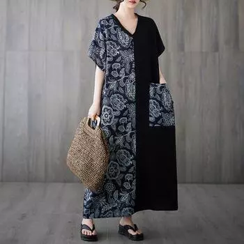 Dimanaf 2025 Новое летнее платье больших размеров для женщин с винтажным принтом Свободное повседневное платье Длинное льняное платье макси One Size темно-синий