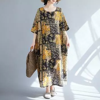 Dimanaf 2025 Новое летнее платье больших размеров для женщин с винтажным принтом Свободное повседневное платье Мягкое льняное длинное платье макси One Size оранжевый