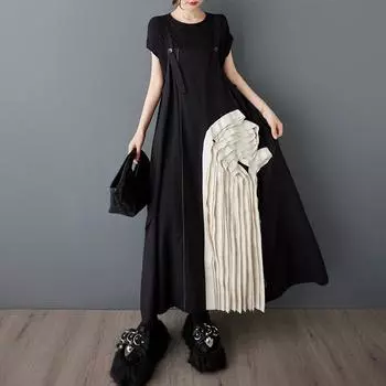 Dimanaf 2025 Новое летнее платье женское длинное без рукавов поясное платье базовое однотонное модное плиссированное повседневное свободное One Size чёрный