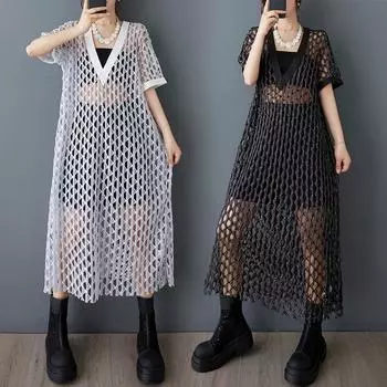 Dimanaf 2025 Новое летнее платье женское длинное пляжное платье с коротким рукавом Базовая мода Полые футболки Повседневное свободное One Size белый