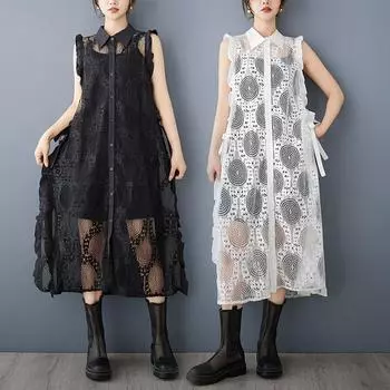 Dimanaf 2025 Новое летнее платье женское длинное пляжное платье без рукавов базовая мода ажурные кружевные футболки повседневные свободные One Size белый