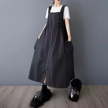 Dimanaf 2025 Новое летнее платье женское длинное без рукавов поясное платье базовое однотонное модное повседневное свободное на молнии One Size чёрный