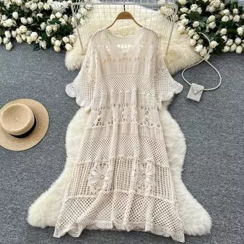 DIMANAF 2025 Новое летнее женское длинное трикотажное платье с рукавами Базовые модные кружевные платья Повседневные свободные one size бежевый