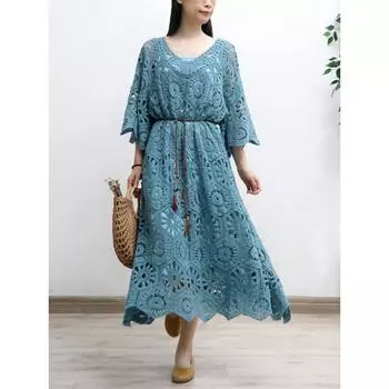 DIMANAF 2025 Новое летнее женское длинное трикотажное платье с рукавами Базовые модные кружевные платья Повседневные свободные синие One Size синий