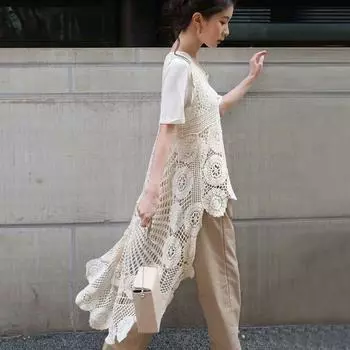 Dimanaf 2025 Новое Летнее Женское Длинное Вязаное Платье Асимметрия Без Рукавов Базовая Мода Кружевные Платья Повседневное Свободное one size бежевый