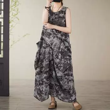 Dimanaf 2025 Новое летнее женское платье больших размеров, свободное винтажное платье без рукавов, базовый сарафан с принтом, повседневное длинное платье макси L чёрный