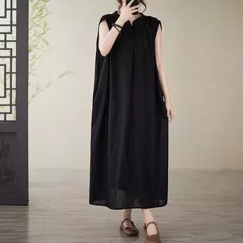 Dimanaf 2025 Новое летнее женское платье больших размеров свободного покроя в винтажном стиле без рукавов, однотонное повседневное длинное платье макси One Size чёрный