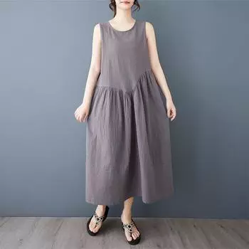 Dimanaf 2025 Новое летнее женское платье больших размеров, свободное винтажное платье без рукавов, базовый сарафан, повседневное длинное платье макси One Size серый