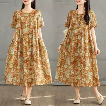 Dimanaf 2025 Новое летнее женское платье больших размеров в винтажном стиле с цветочным принтом свободного покроя, длинное платье с круглым вырезом L оранжевый