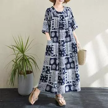 Dimanaf 2025 Новое летнее женское платье больших размеров с винтажным принтом Свободное базовое пляжное повседневное длинное платье One Size синий