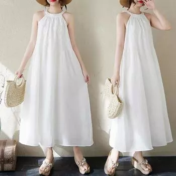 DIMANAF 2025 Новое летнее женское платье больших размеров Свободное элегантное базовое повседневное белое длинное платье Винтажное макси One Size белый
