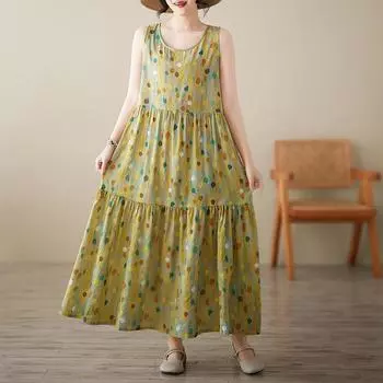 Dimanaf 2025 Новое летнее женское платье больших размеров с винтажным принтом в горошек Свободное базовое повседневное длинное платье One Size жёлтый