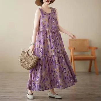 Dimanaf 2025 Новое летнее женское платье больших размеров с принтом в виде точек, свободное винтажное платье с принтом в виде точек, базовый сарафан, повседневное длинное платье One Size фиолетовый