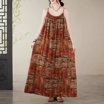 Dimanaf 2025 Новое летнее женское платье больших размеров, свободное винтажное платье, базовый сарафан, повседневное длинное платье макси One Size коричневый